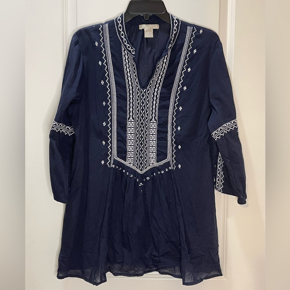 Joan Vass Navy Tunic with White Embroidery 3/4 Sleeves Lightweight Size Large